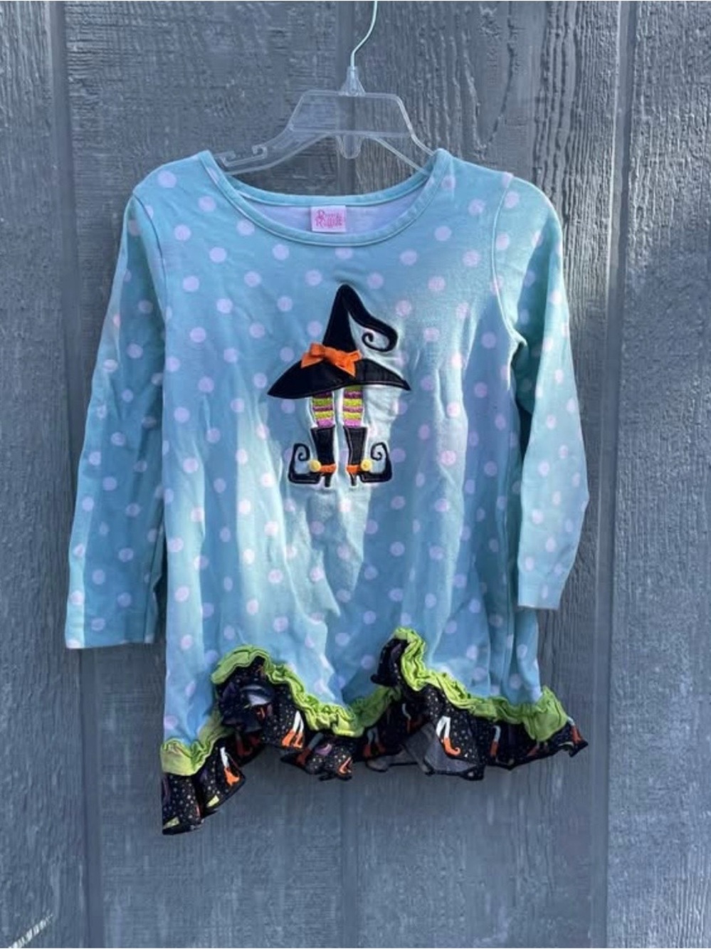 Ricrac & ruffles Girls' Light Blue Polka Dot Halloween Witch Tunic Top Sz 4